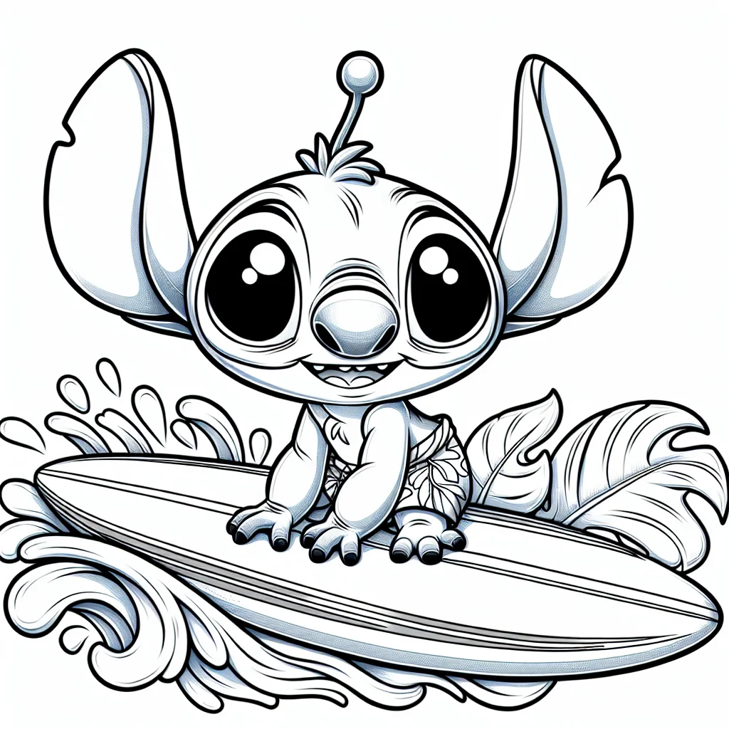 Stitch surfing on a tropical wave coloring page for kids a imprimer