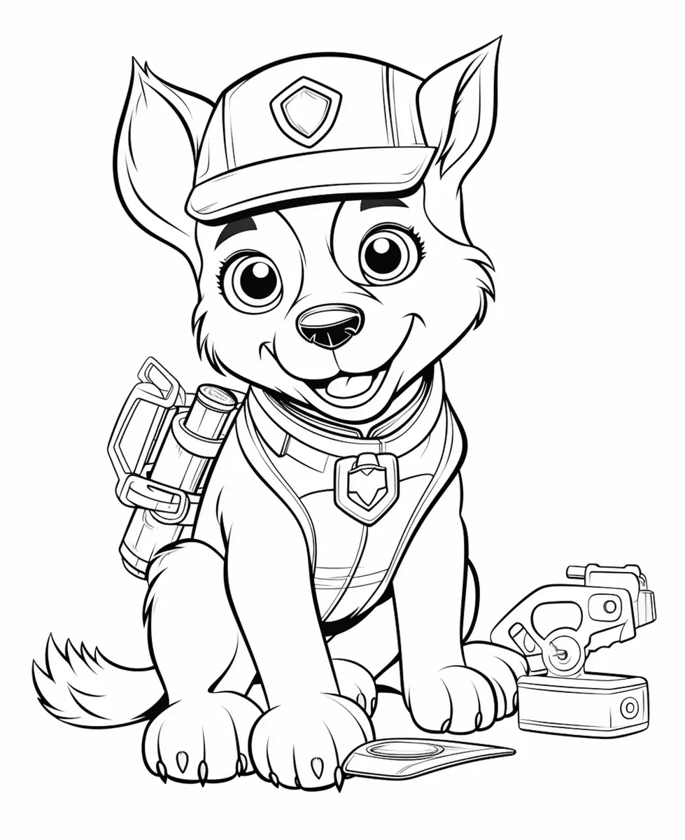 Coloriage chien avec casque et caméra Pat Patrouille à imprimer