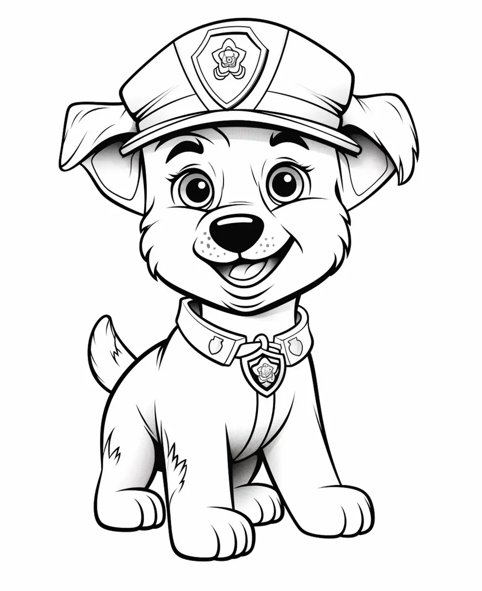 Coloriage chiot souriant avec casquette Pat Patrouille à imprimer