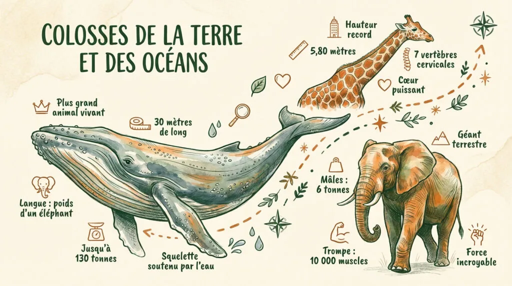 Illustration d'une baleine bleue et d'un éléphant d'Afrique, les géants de la nature