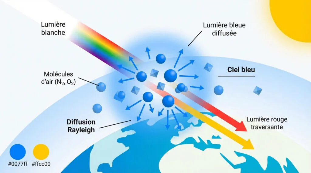 Schéma de la diffusion de Rayleigh : comment le ciel devient bleu
