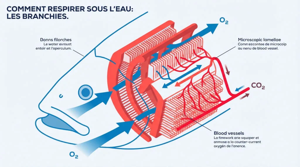 Schéma détaillé des filaments et lamelles branchiales d'un poisson