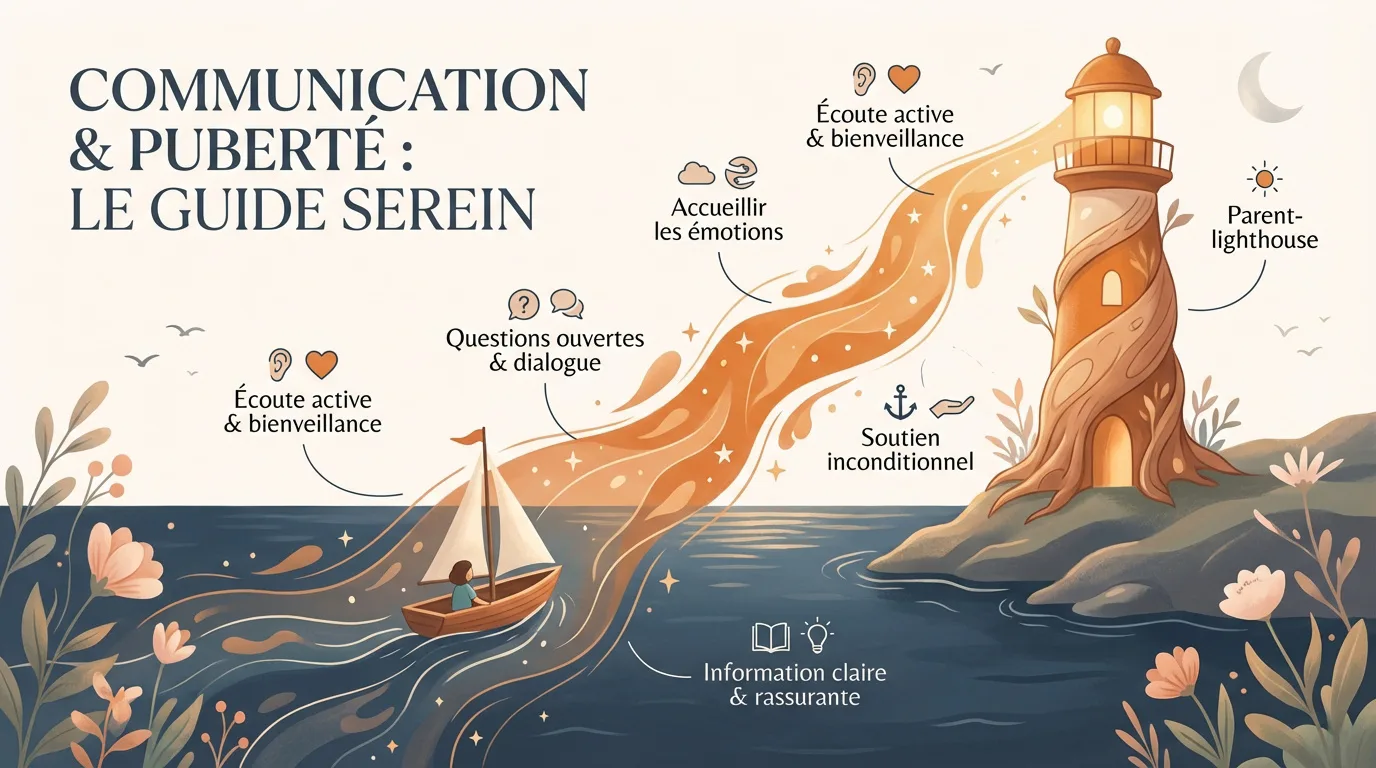 Illustration métaphorique : un phare "parent" éclaire la route d'un enfant en bateau, représentant le guide serein pour la puberté avec écoute et soutien.