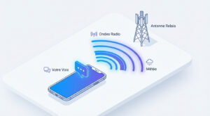 Illustration isométrique: smartphone émettant ondes radio vers antenne relais. Montre voix, ondes et météo, expliquant communication mobile.