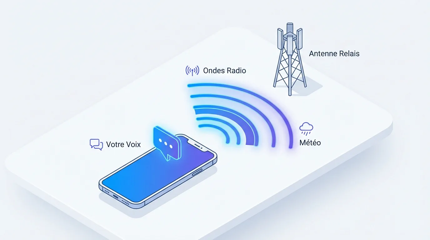 Illustration isométrique: smartphone émettant ondes radio vers antenne relais. Montre voix, ondes et météo, expliquant communication mobile.