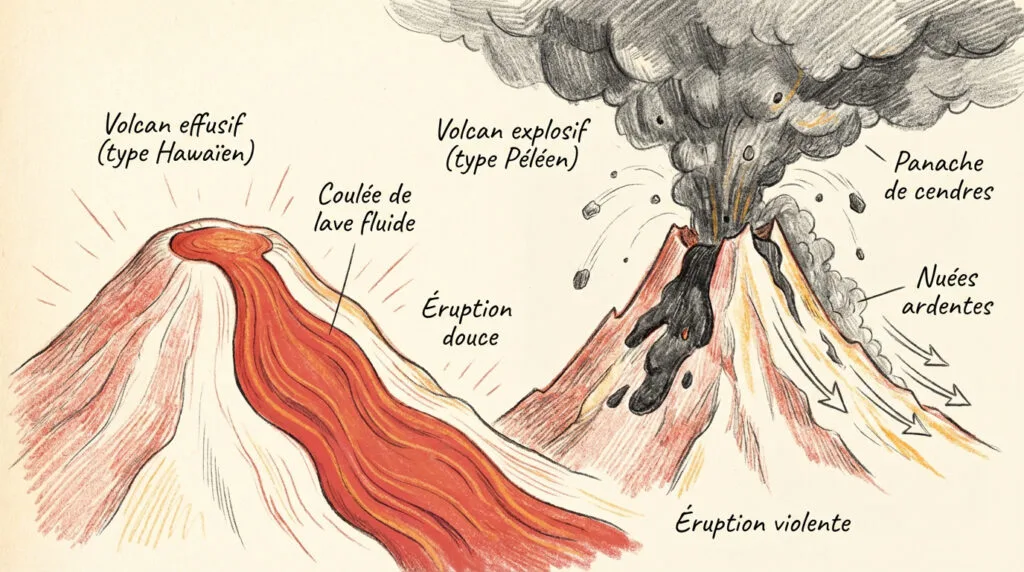 Schéma comparatif entre une éruption volcanique effusive et une éruption explosive