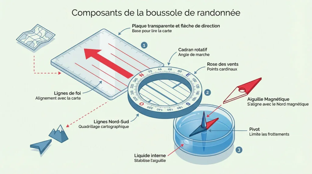 Détails des composants d'une boussole de randonnée avec plaque transparente et cadran gradué