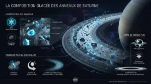 Infographie détaillée sur la composition glacée des anneaux de Saturne, montrant blocs de glace, impuretés, et expliquant leur forme plate et non solide.