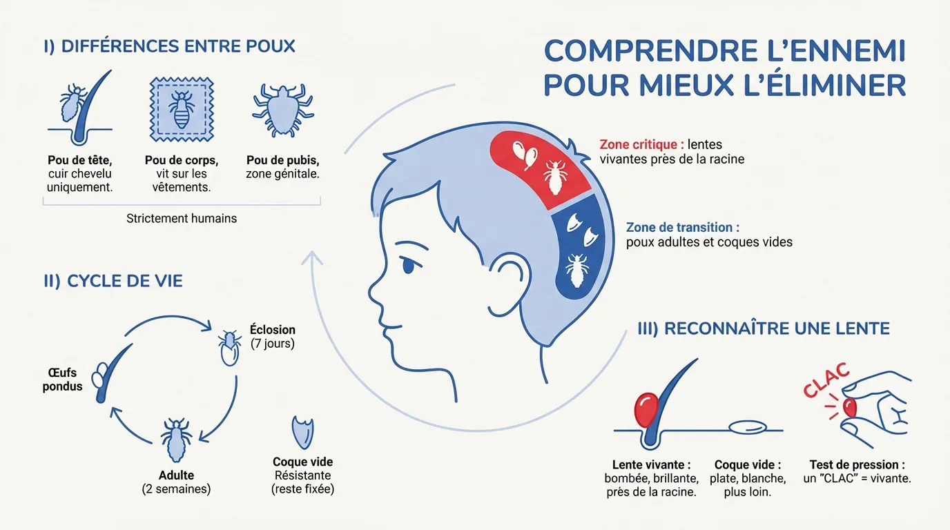 Infographie sur les poux, détaillant les types (tête, corps, pubis), leur cycle de vie et comment reconnaître une lente vivante.