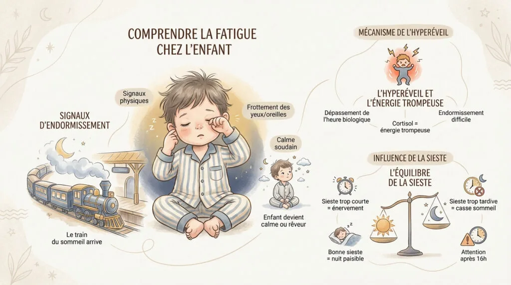 Enfant fatigué montrant des signes d'endormissement avant le coucher
