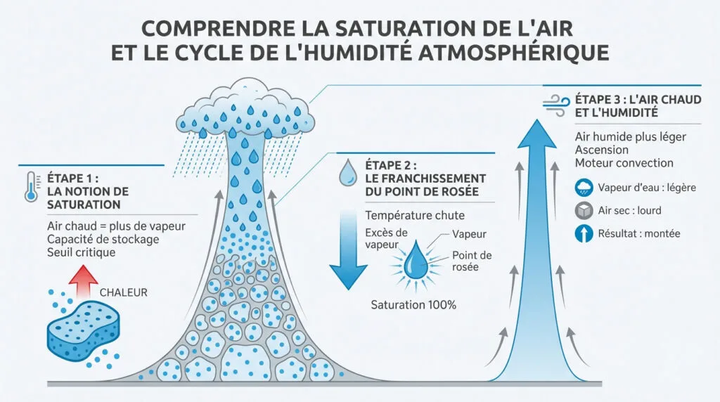 Schéma expliquant la saturation de l'air et la formation des gouttelettes d'eau
