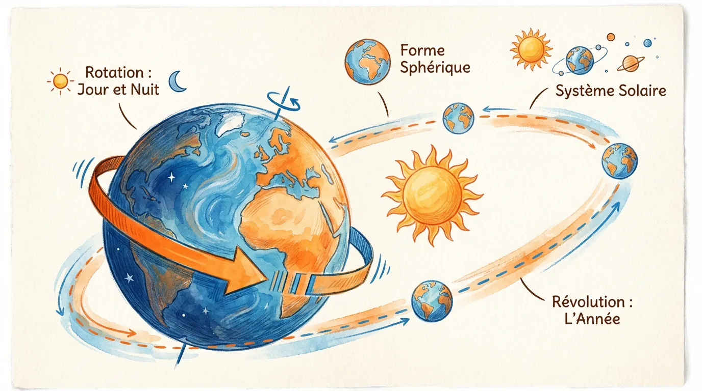 Illustration montrant la rotation de la Terre (jour/nuit) et sa révolution autour du Soleil (l'année et les saisons).