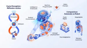 Infographie illustrant le cycle perception-action des robots, leurs composants clés et la différence avec les automates.