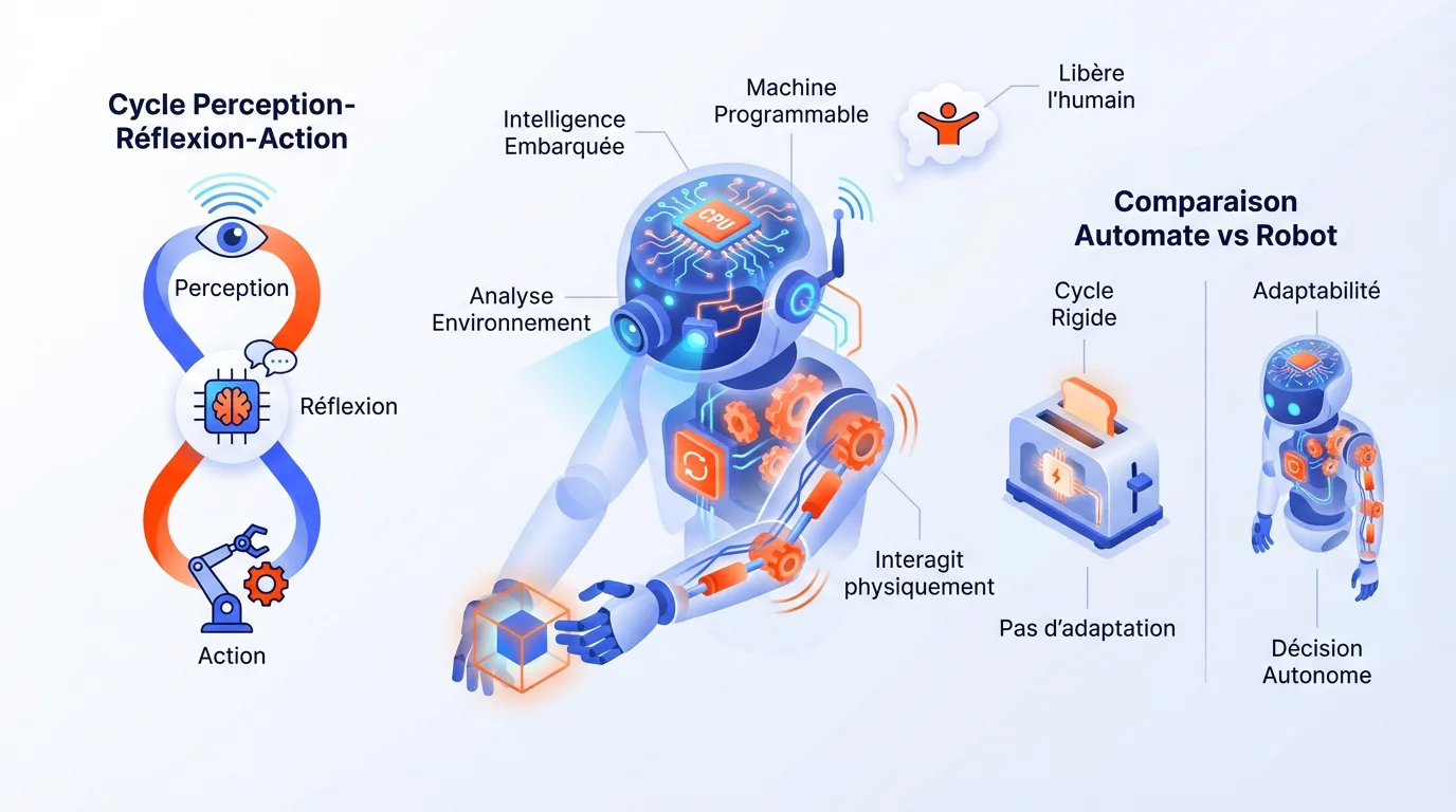 Infographie illustrant le cycle perception-action des robots, leurs composants clés et la différence avec les automates.