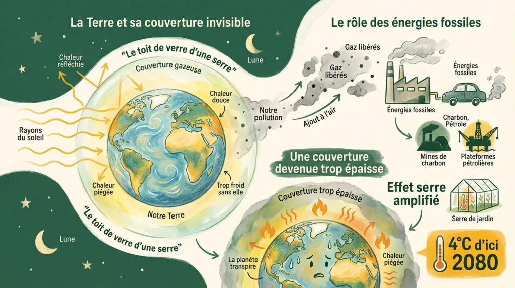 Schéma expliquant le réchauffement climatique avec la Terre et la pollution