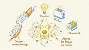 Schéma illustrant le courant électrique comme une rivière d'énergie, les atomes, et ses applications : lumière, chaleur, mouvement.