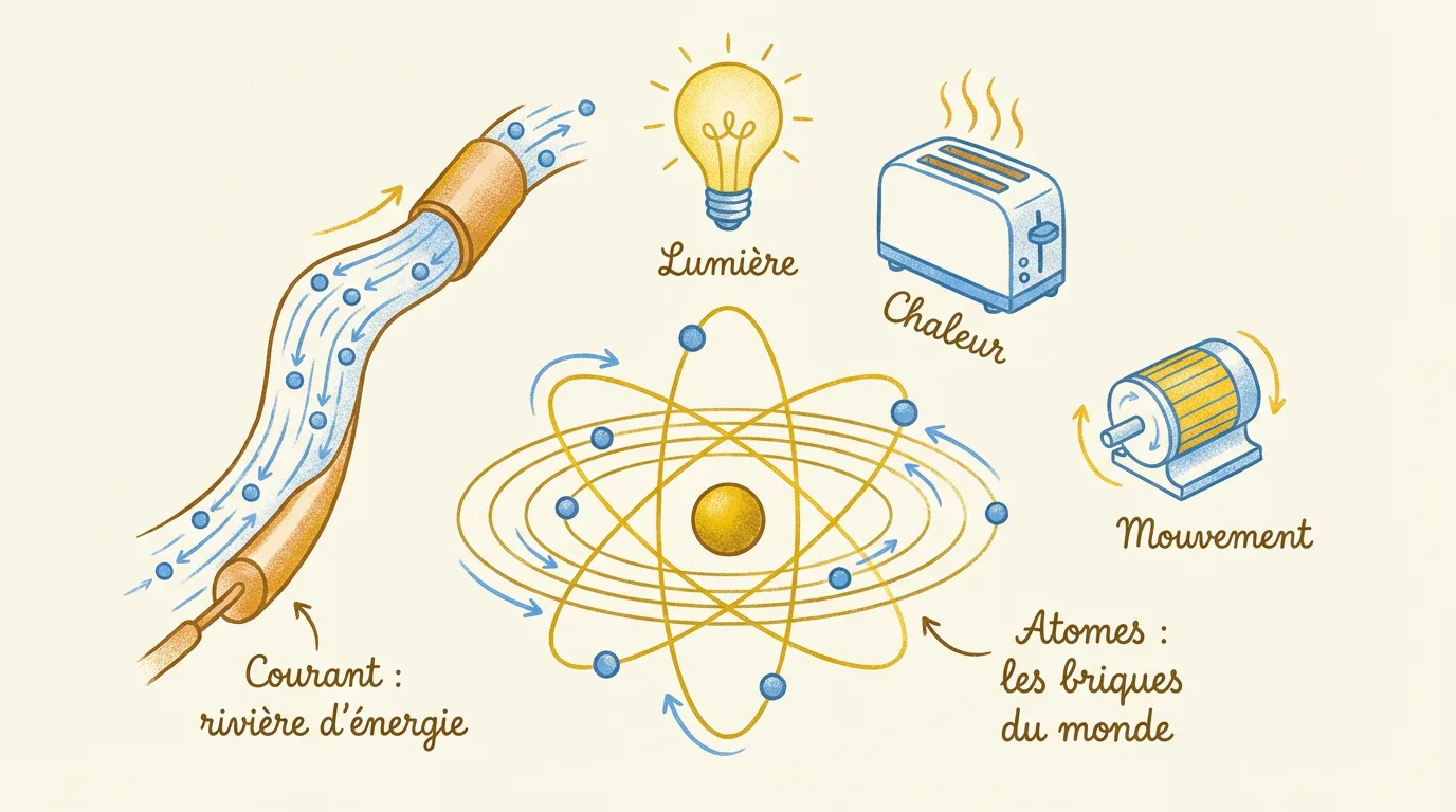 Schéma illustrant le courant électrique comme une rivière d'énergie, les atomes, et ses applications : lumière, chaleur, mouvement.