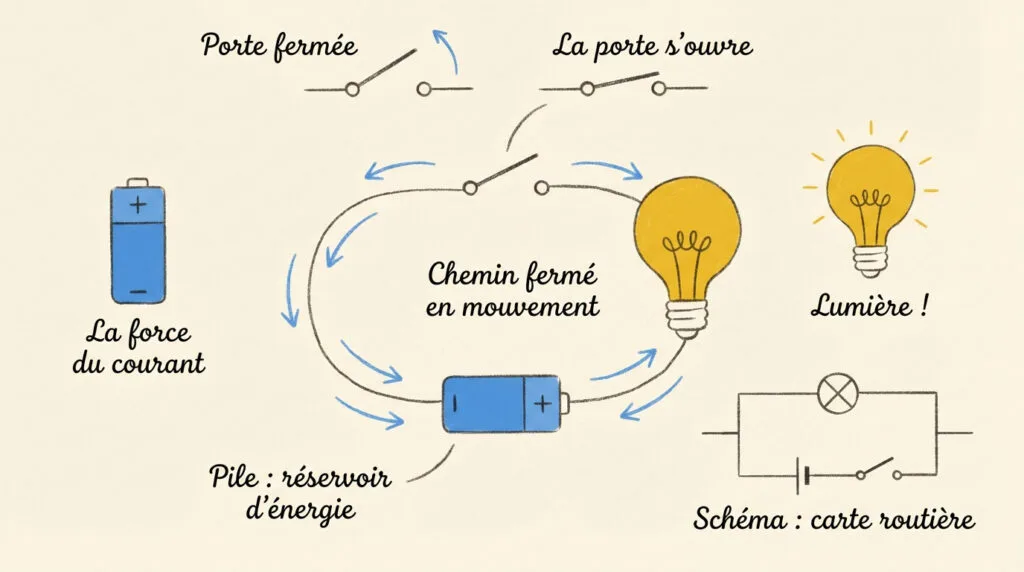 Schéma pédagogique d'un circuit électrique simple avec pile et ampoule pour enfants