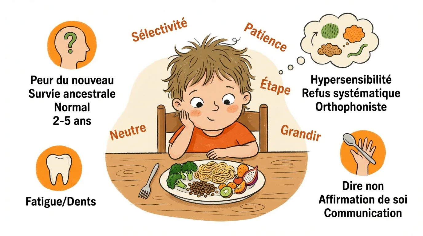Illustration d'un enfant hésitant devant une assiette, entouré de raisons possibles et de conseils pour les repas difficiles.