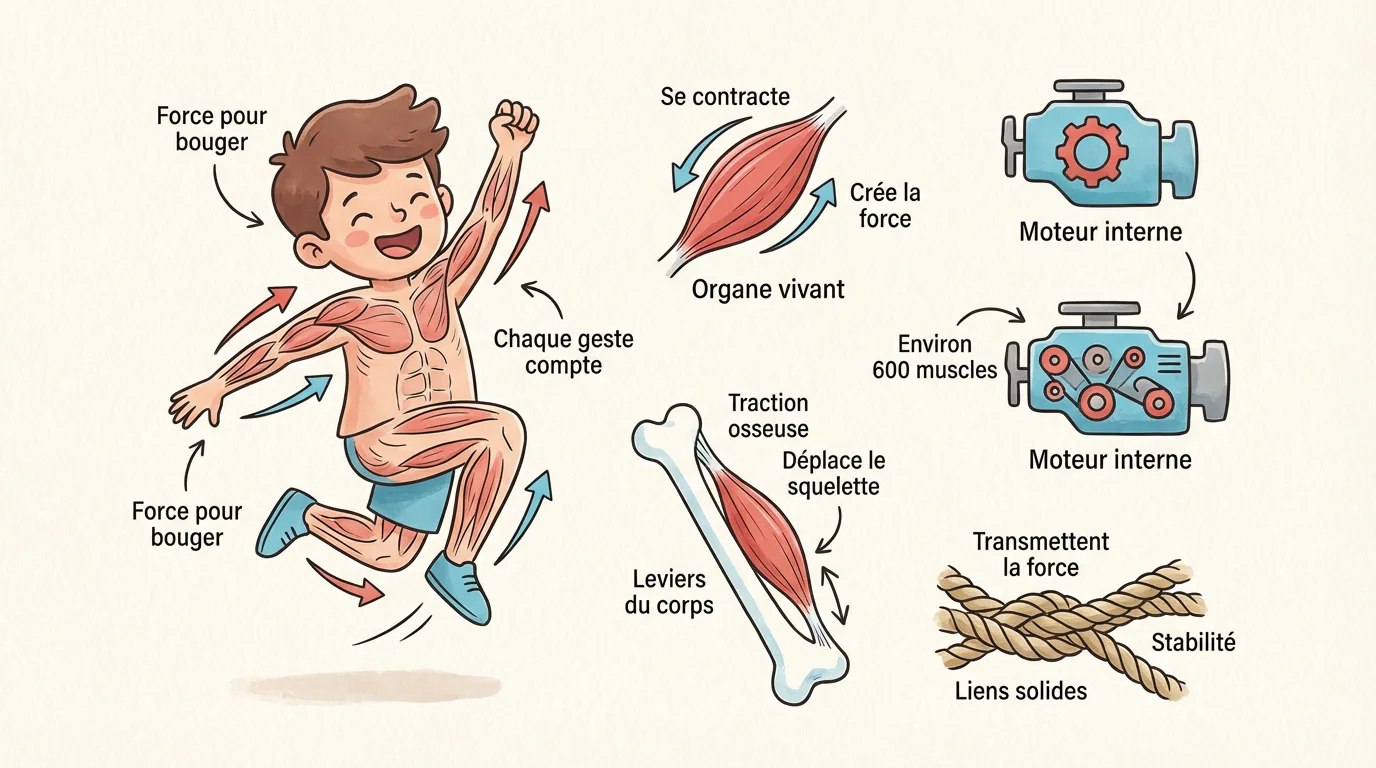 Infographie expliquant le fonctionnement des muscles chez l'enfant. Illustrations d'un enfant, muscle, os, et analogies moteur/cordes.