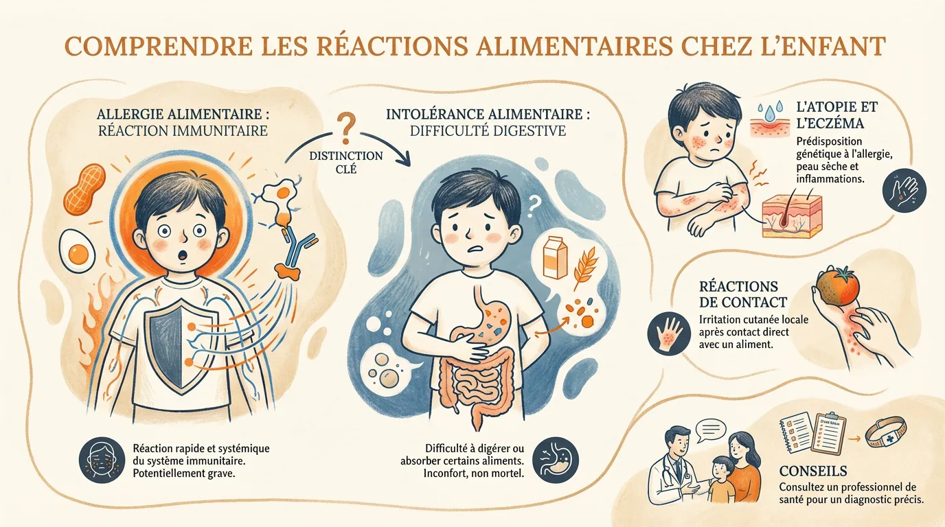 Infographie expliquant les différents types de réactions alimentaires chez l'enfant : allergie, intolérance, atopie, eczéma et réactions de contact.