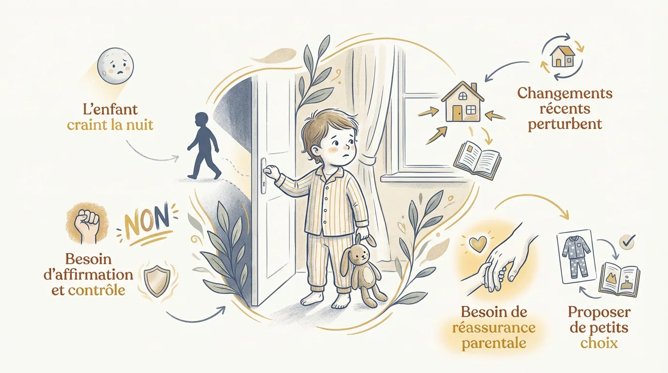 Infographie sur les raisons du refus de coucher de l'enfant (peur du noir, changements, besoin de contrôle) et les solutions parentales (réassurance, choix).