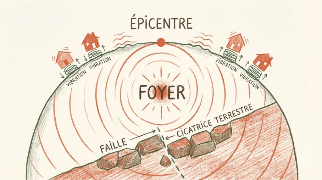 Schéma expliquant le foyer, l'épicentre et la faille lors d'un séisme