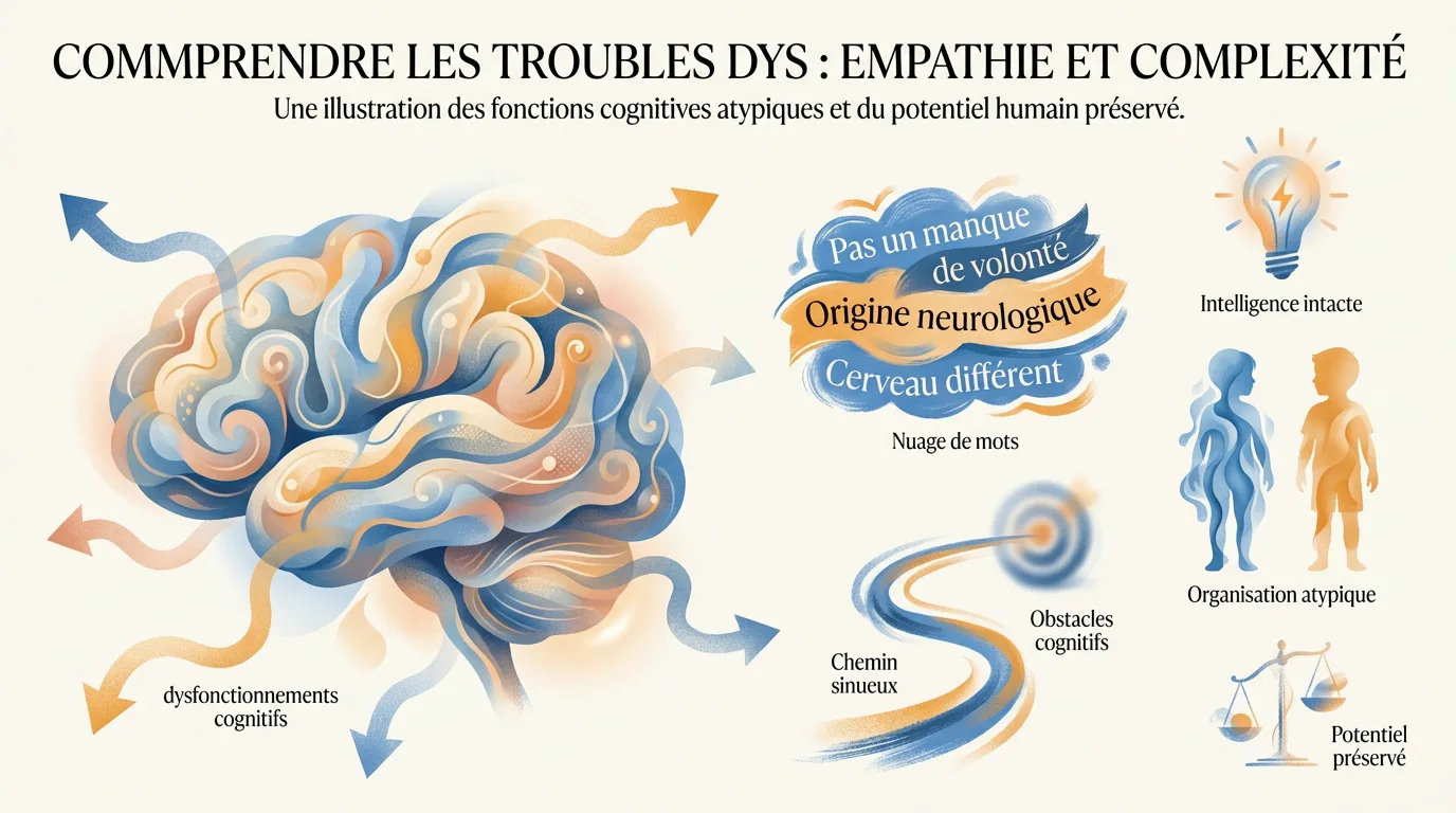Infographie expliquant les troubles DYS : cerveau stylisé, origine neurologique, intelligence intacte, organisation atypique et potentiel préservé.