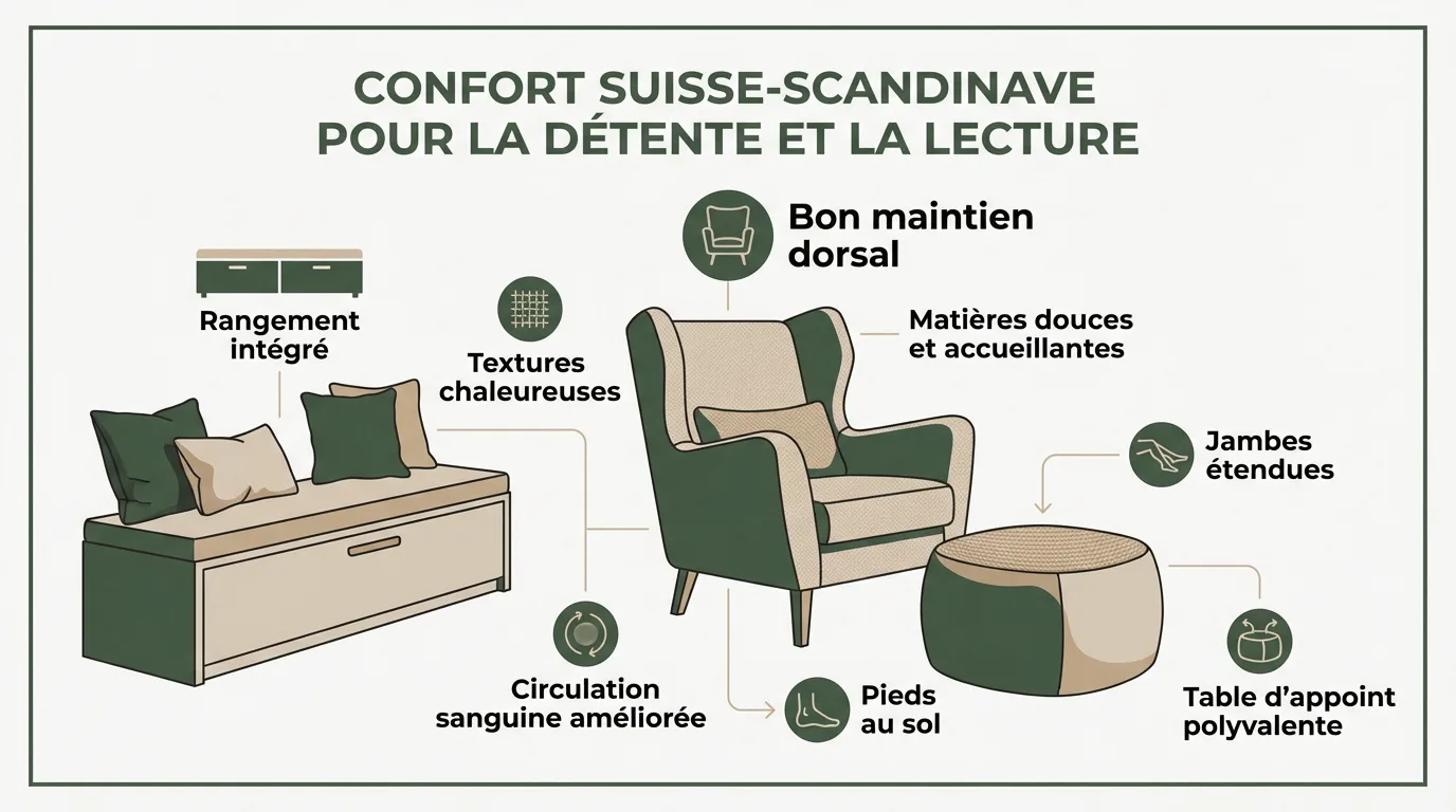 Infographie sur un coin lecture confortable style suisse-scandinave. Présente un fauteuil, un pouf et un banc de rangement avec leurs caractéristiques.