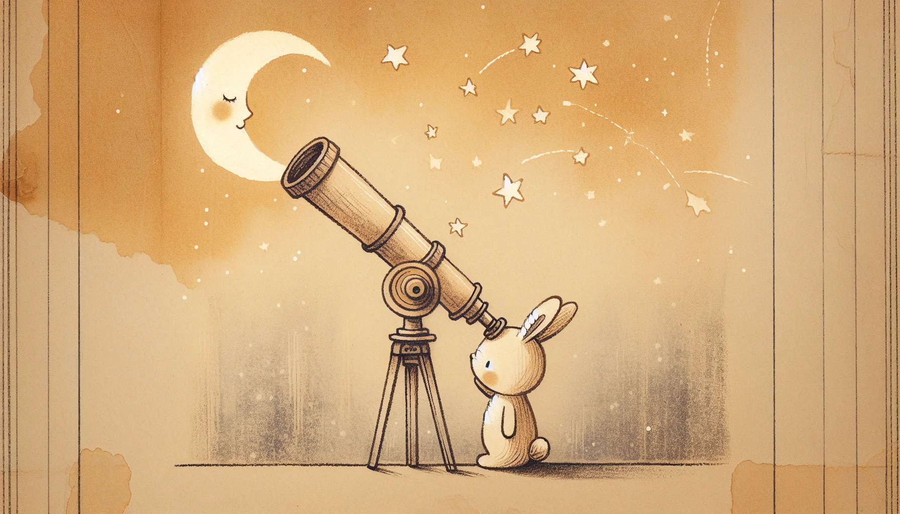 A cute cartoon rabbit looking through a small telescope pointed at the sky with stars and a crescent moon, suggesting looking into the future, simple and clean