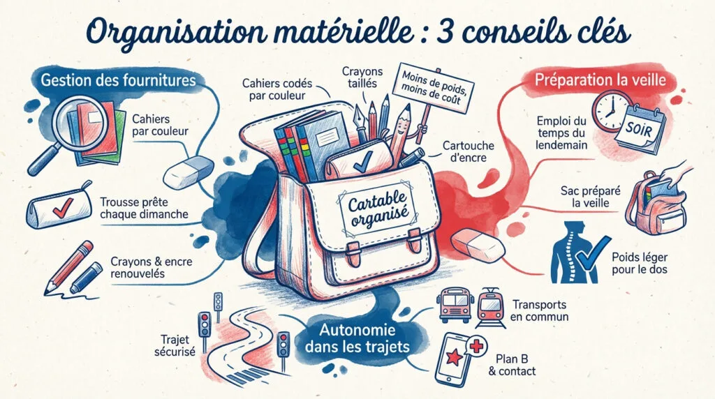 Organisation des fournitures scolaires et du cartable pour la rentrée en 6ème