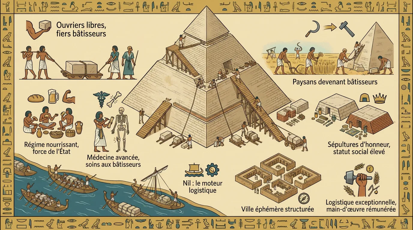 Schéma détaillé des méthodes de construction des pyramides en Égypte, incluant main-d'œuvre, logistique, nourriture et soins.