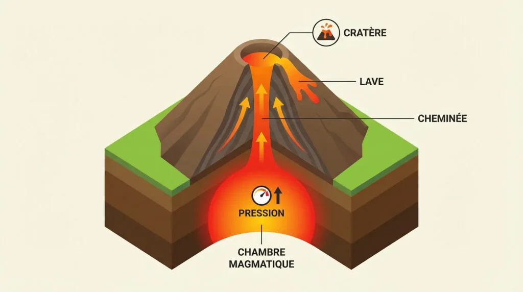 Schéma montrant l'intérieur d'un volcan avec sa chambre magmatique et sa cheminée
