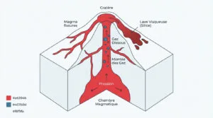 Schéma en coupe d'un volcan montrant la chambre magmatique, la montée du magma et des gaz, les fissures et la lave visqueuse.