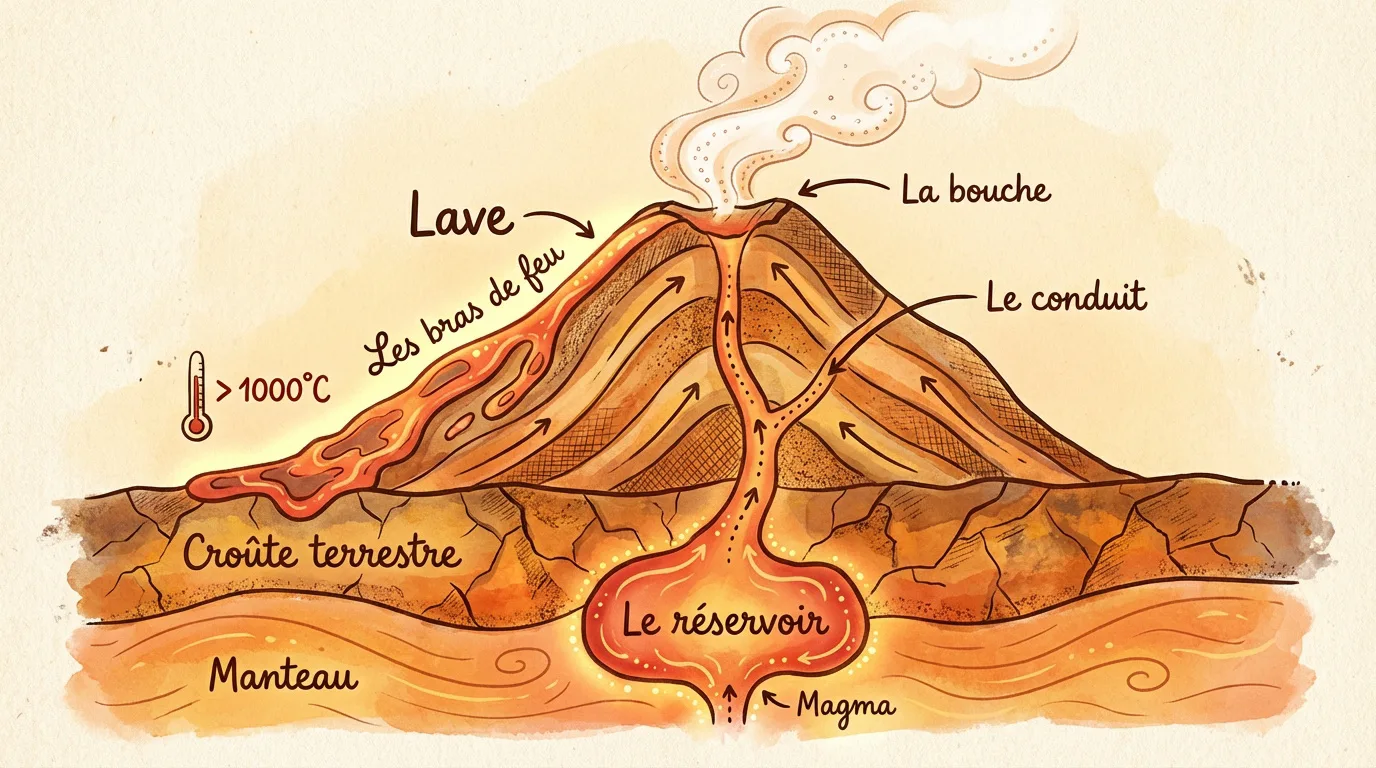 Schéma d'un volcan en coupe, illustrant le magma, le conduit, le cratère, la lave (>1000°C) et les couches terrestres.