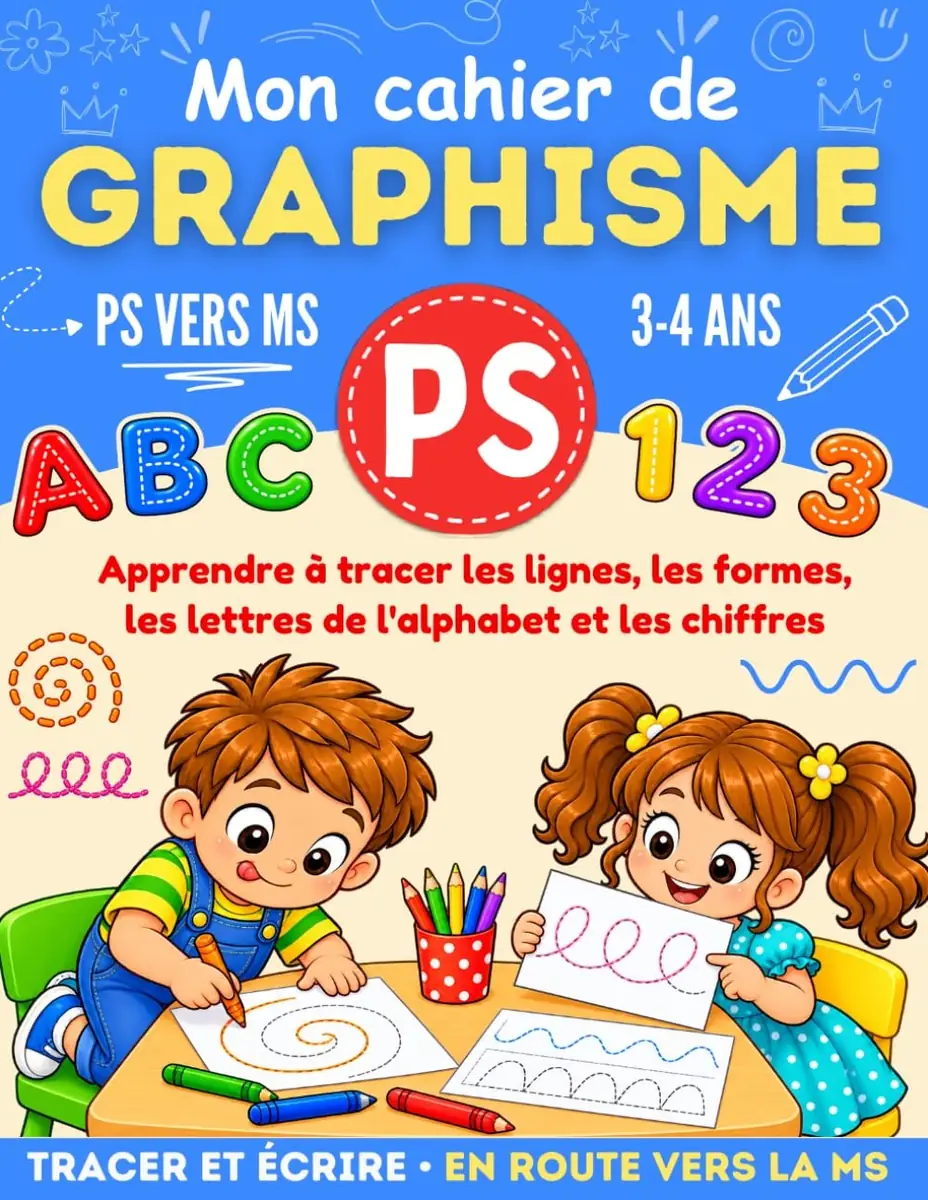 Couverture du livre Mon cahier de graphisme PS vers MS, apprendre à tracer les lignes, les formes, les lettres et les chiffres, 3-4 ans