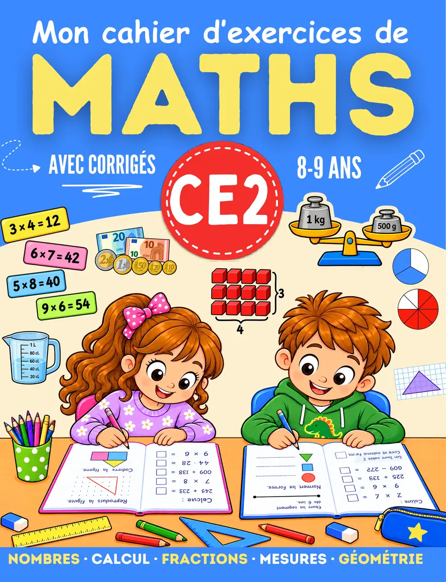 Couverture du livre Mon cahier d'exercices de Maths CE2, avec corrigés, nombres, calcul, fractions, mesures et géométrie, 8-9 ans
