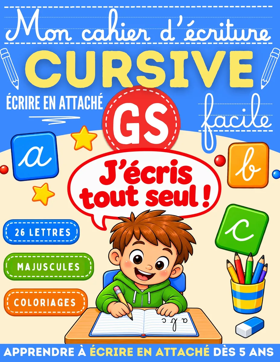 Couverture de Mon cahier d'écriture cursive, apprendre à écrire en attaché dès 5 ans, grande section et CP