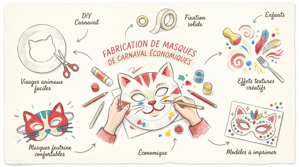 Enfants fabriquant des masques de carnaval colorés avec du papier et des paillettes