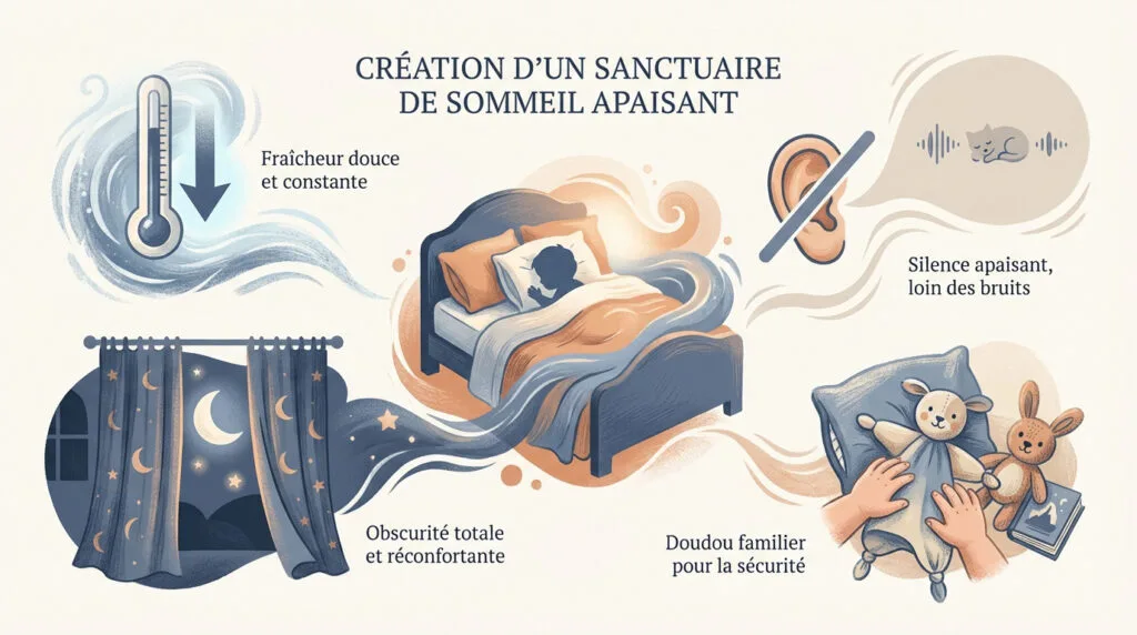 Chambre d'enfant apaisante avec lumière tamisée et lit confortable