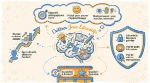 Infographie des critères pour choisir des jeux éducatifs: objectifs, plaisir, multisensoriel, sécurité, pas de pubs/micro-transactions, âge, niveau, qualité.