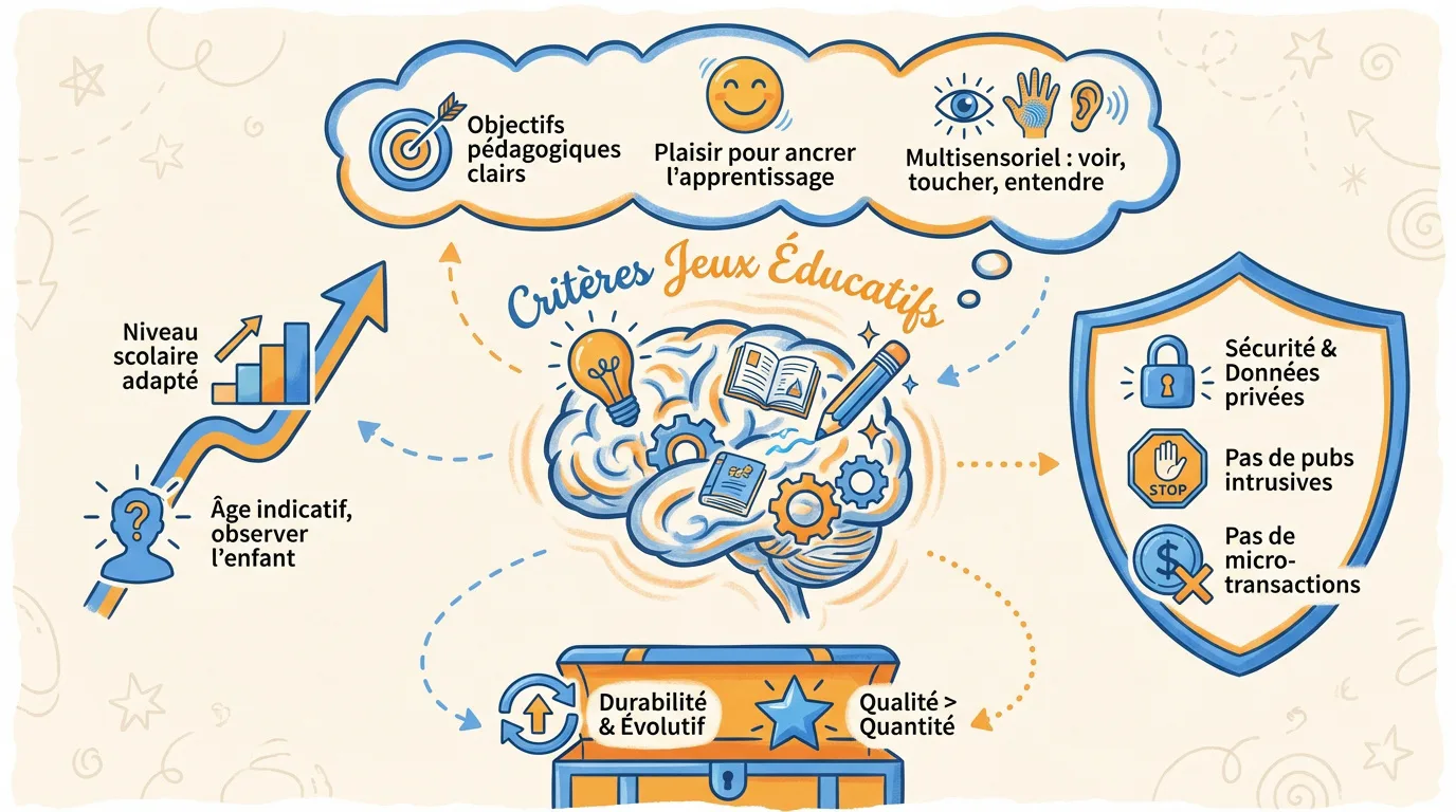 Infographie des critères pour choisir des jeux éducatifs: objectifs, plaisir, multisensoriel, sécurité, pas de pubs/micro-transactions, âge, niveau, qualité.