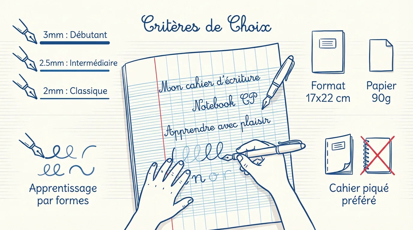 Infographie illustrant les critères essentiels pour choisir un cahier d'écriture CP : interlignes, format, grammage, reliure et méthode d'apprentissage.