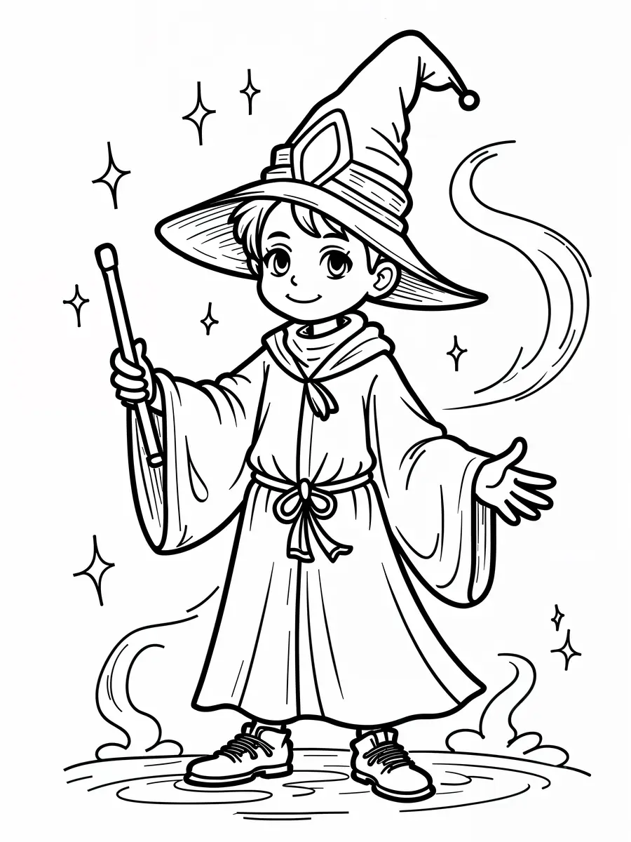 Coloriage petit sorcier avec baguette et chapeau magique à imprimer