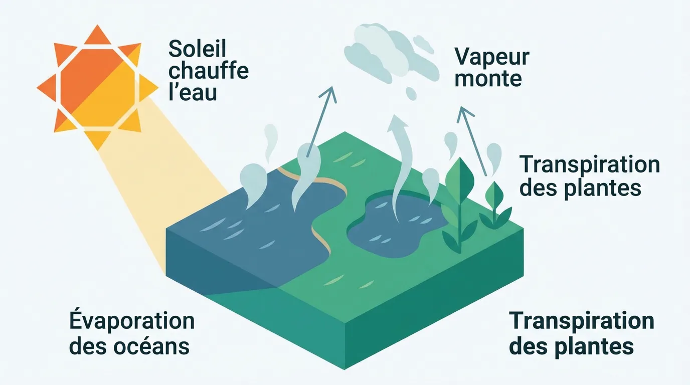 Schéma du cycle de l'eau montrant l'évaporation (océans) et la transpiration (plantes) dues au soleil, et la montée de la vapeur.