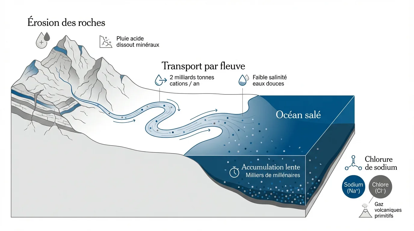 Schéma illustrant l'érosion des roches, le transport fluvial des minéraux et leur accumulation dans l'océan, expliquant sa salinité.