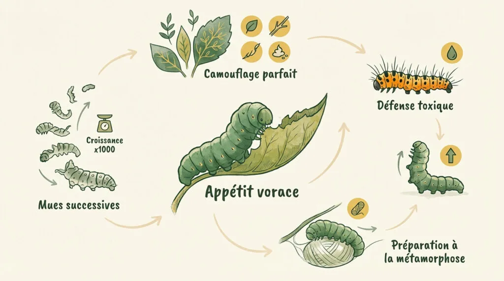 Illustration éducative montrant les étapes de croissance et de transformation d'une chenille en papillon