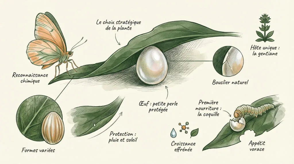 Gros plan d'un œuf de papillon posé sur une feuille verte