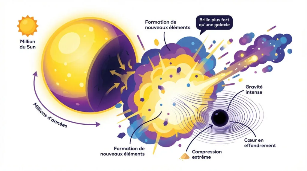 Schéma du cycle de vie d'une étoile massive se transformant en trou noir