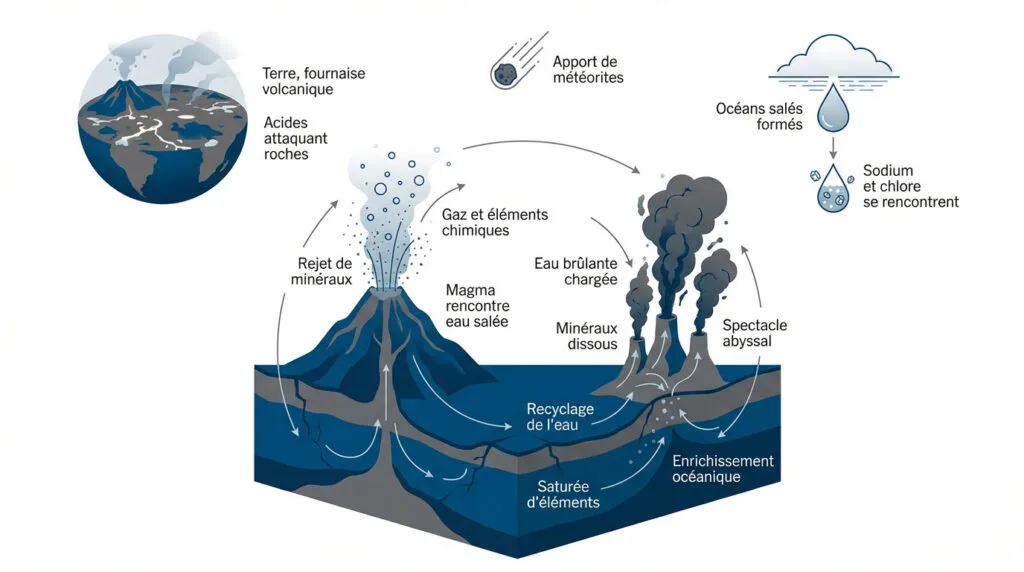 Schéma des cycles géochimiques et de l'origine de la salinité des océans
